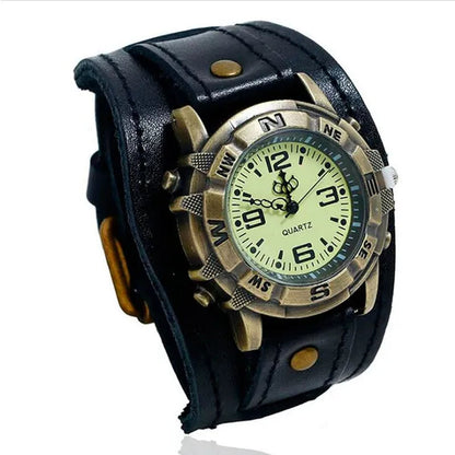 Vintage Retro Big Wide Genuine Leather Strap Watch Men Punk  Quartz Cuff Watch Wristwatches Bracelet Bangle Relogio Masculino