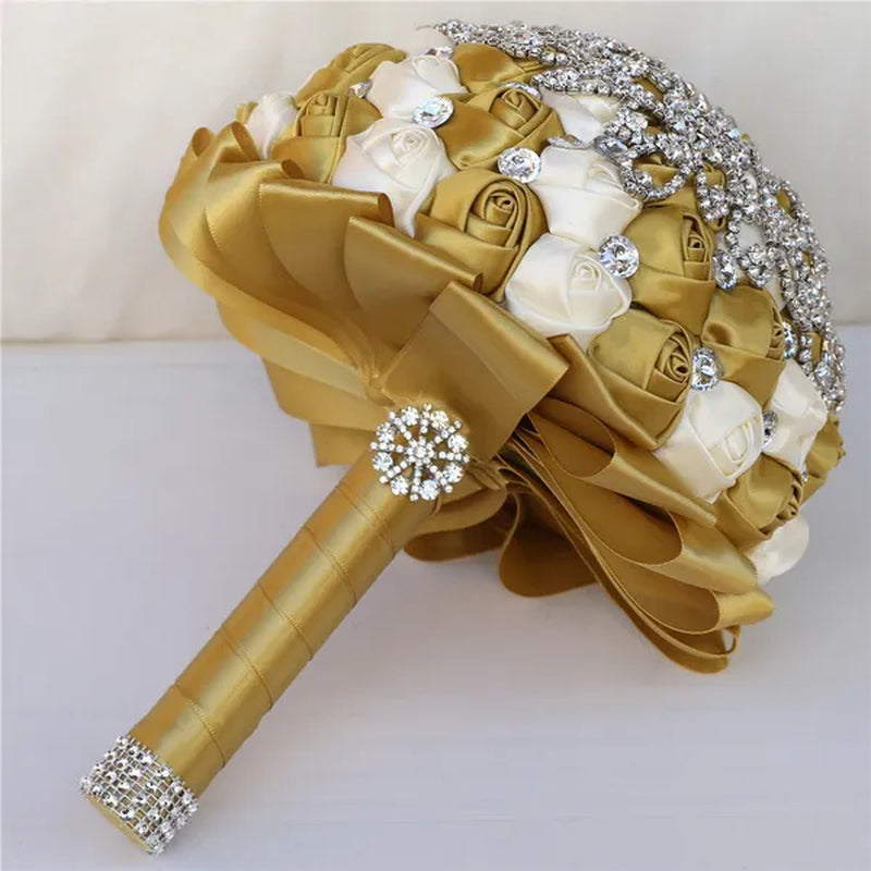 21CM Creative Handmade Diamond Flower Brooch Bouquet Ribbon Silk Rose Wedding Flower Bridal Bouquet Bridesmaid Holding Flowers