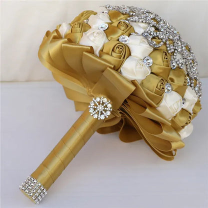 21CM Creative Handmade Diamond Flower Brooch Bouquet Ribbon Silk Rose Wedding Flower Bridal Bouquet Bridesmaid Holding Flowers