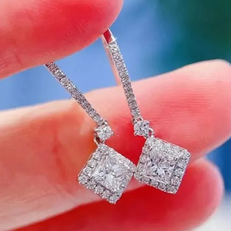 Square Cut Zircon Pendant Silver Plated Lab Diamond Drop Earrings for Women Bridal Engagement Wedding Fashion Accessories