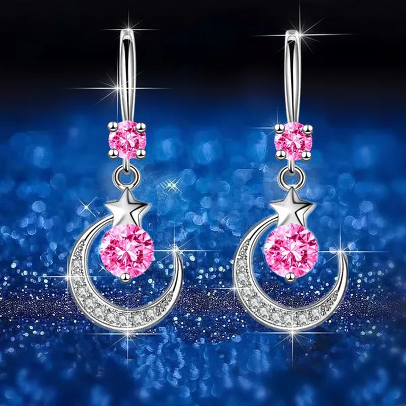Female Fashion Star Moon Earrings Silver Plated Pink Blue White Cubic Zirconia Dangle Earrings Bride Wedding Engagement Anniversary Valentine'S Day Gift Jewelry