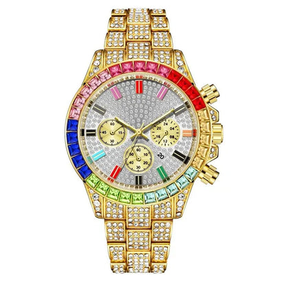 Men Watch Luxury Brand Mens Gold Men Watch Quartz Clock Chronograph Colorful Diamond Steel Iced Out Watch Reloj Hombre