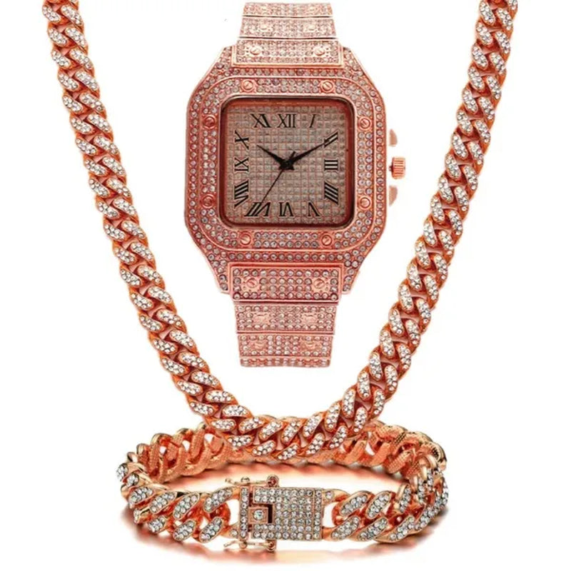24K Gold / 925 Silver / Rose Gold Stainless Steel Hip Hop Jewelry Iced Out Diamond Thick Miami Cuban Link Chain Necklace Bracelet Watch for Men'S and Women'S Party Jewelry Set Nightclub Bar Fashion Accessories