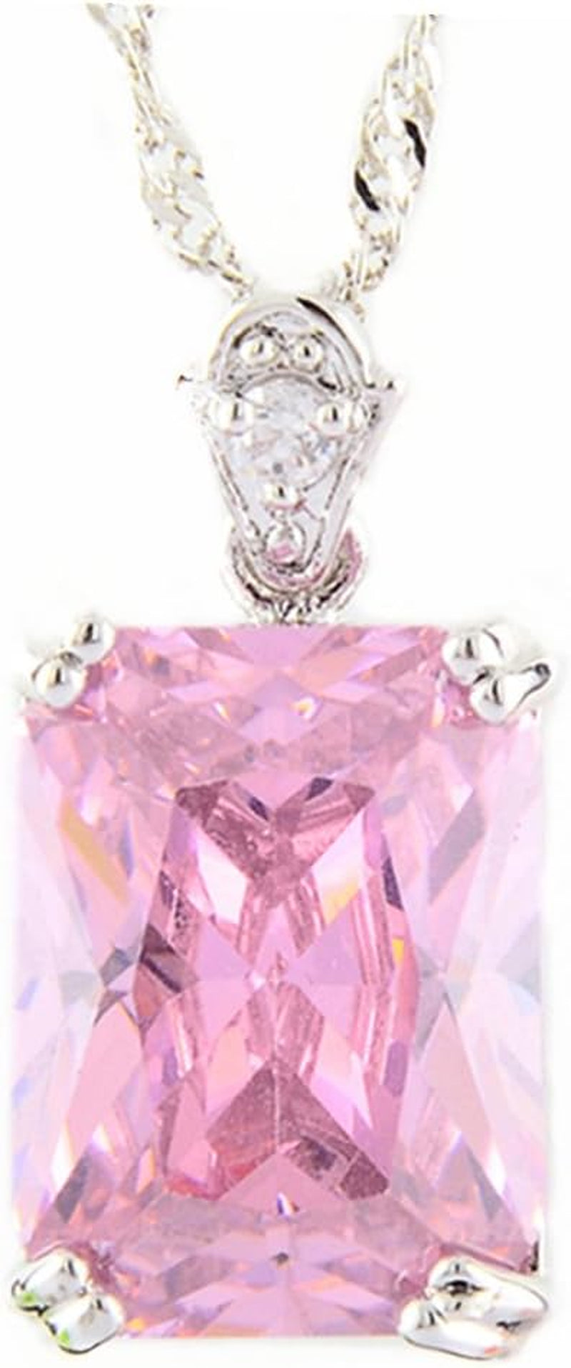 Pendant with 18" Chain & Rectangular Cut CZ [5 Colors Available] in White Gold Plated, Simple Modern Elegant