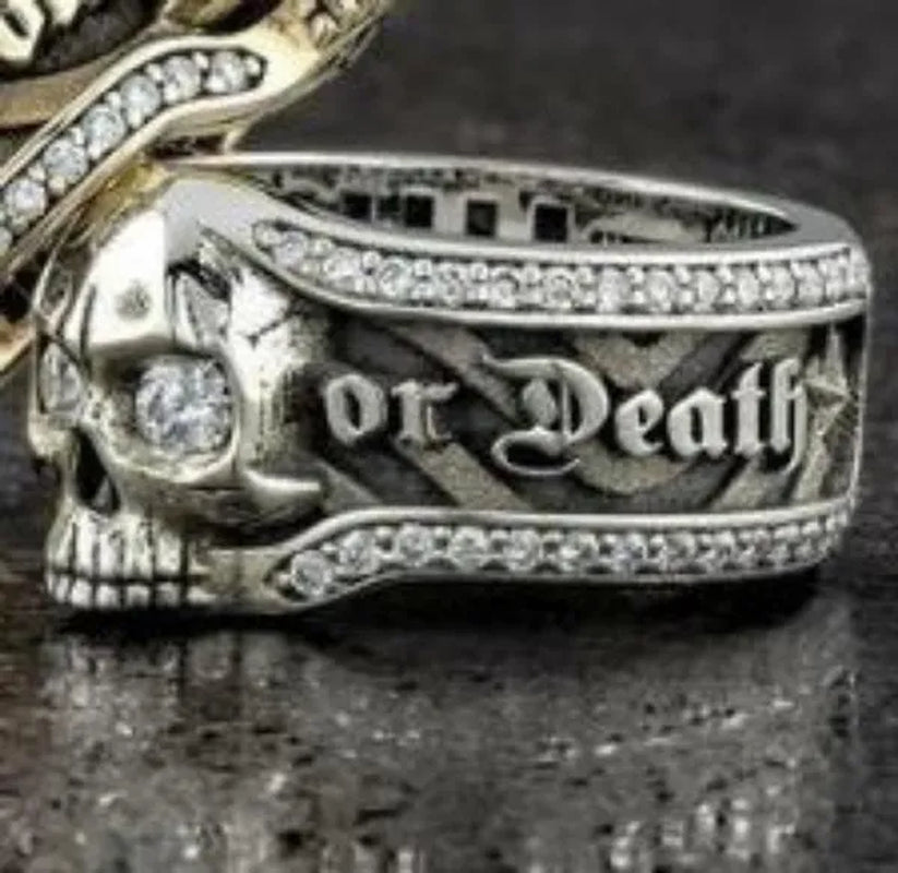 Vintage Stainless Steel Micro Inlaid Cubic Zirconia Gothic "Freedom or Death" Skeleton Skull Cocktail Rider Statement Halloween Christmas Ring Gift