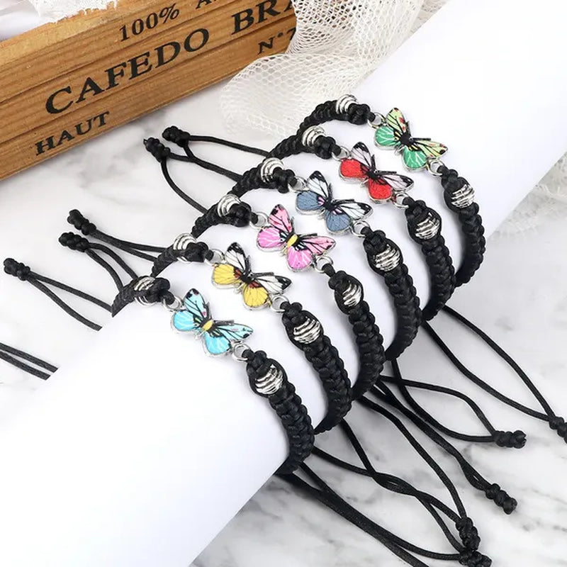 Women Black Woven Rope Bracelet Handmade Multicolor Butterfly Charm Adjustable Bracelets Fashion Friendship Jewelry Girls Gift