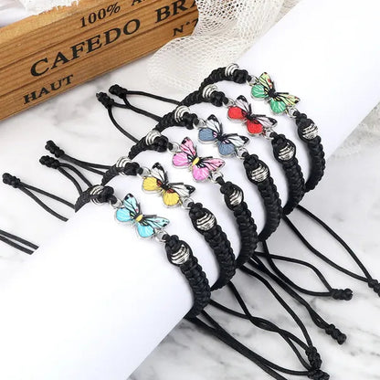 Women Black Woven Rope Bracelet Handmade Multicolor Butterfly Charm Adjustable Bracelets Fashion Friendship Jewelry Girls Gift