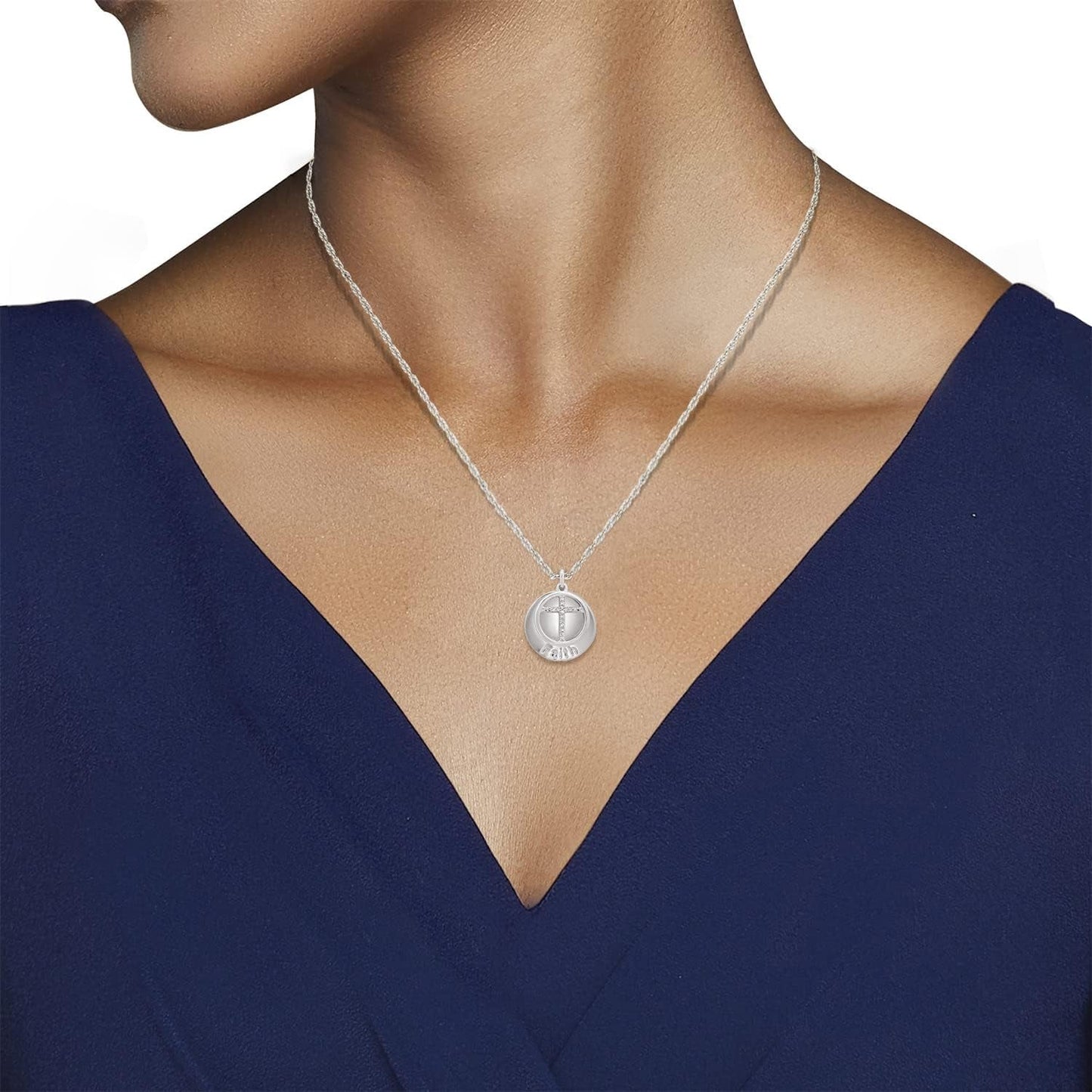 Sterling Silver round Natural White Diamonds Faith Beaded Message Cross Pendant Necklace, 18" Rope Chain