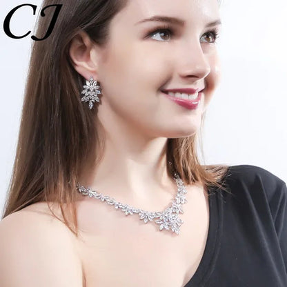 CANDICE High Quality White Gold Plated Wedding Jewelry Set Pave Luxury CZ Stone African Nigerian Big Flower Dangle Earrings Necklace for Bride