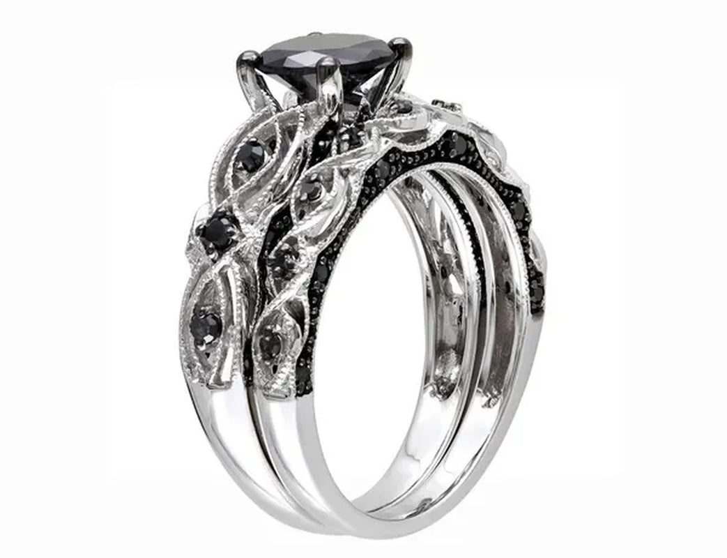 1.39 Carat (ctw) Black Diamond Engagement Ring and Wedding Band Set in 10K White Gold
