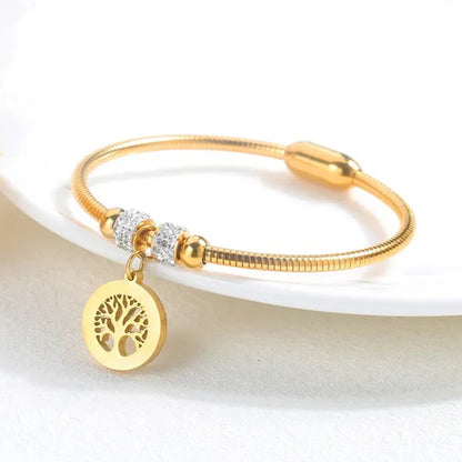 Gold Plated Tree of Life Bangle Bracelet Women Stainless Steel Family Tree Charm Bracelets with AAA Rhinestones & Magnetic Buckle