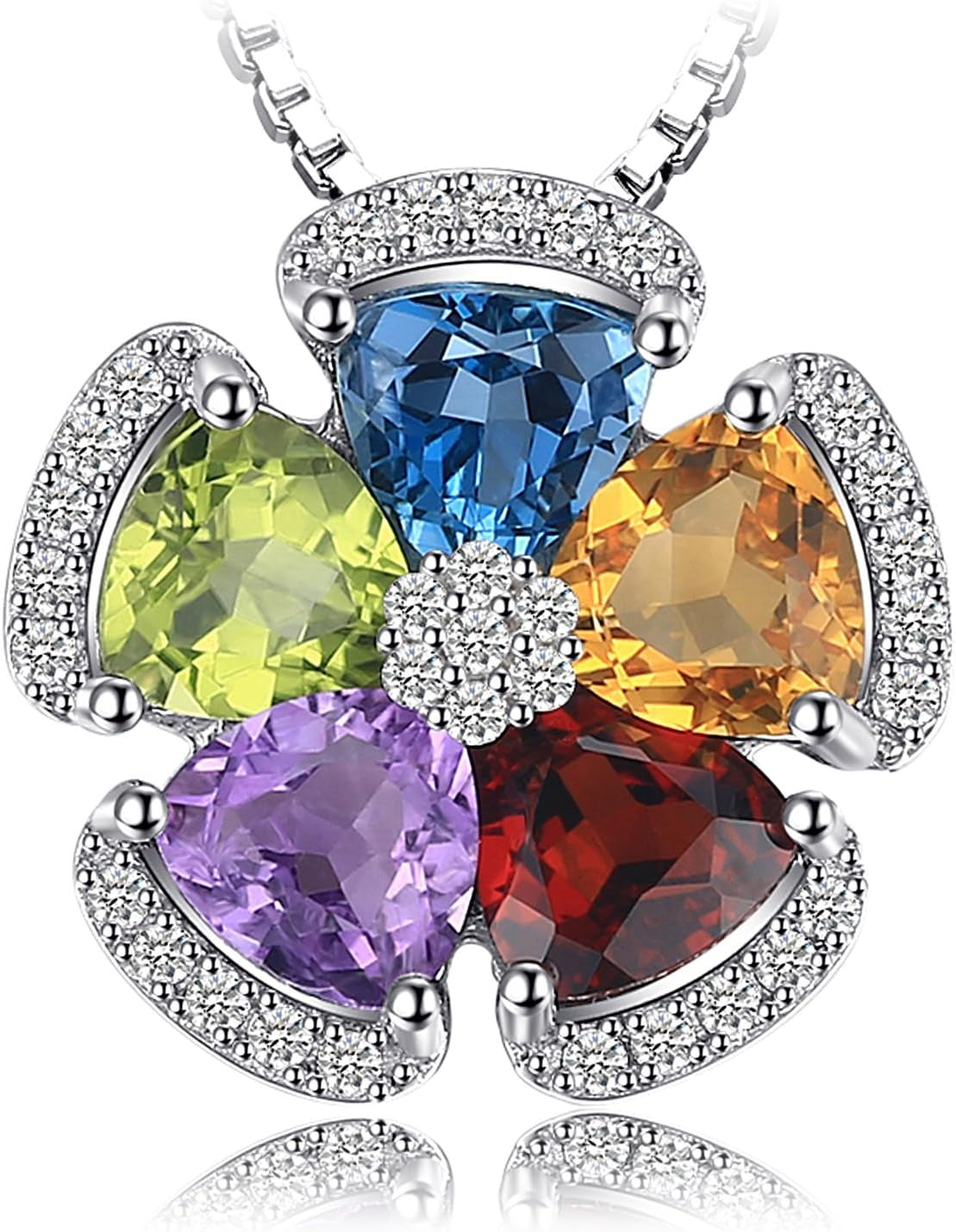 Multicolor Flower 2.6Ct Genuine Amethyst Citrine Garnet Peridot Blue Topaz Pendant Necklaces for Women, 925 Sterling Silver Natural Gemstones Jewelry Sets 18 Inches Chain