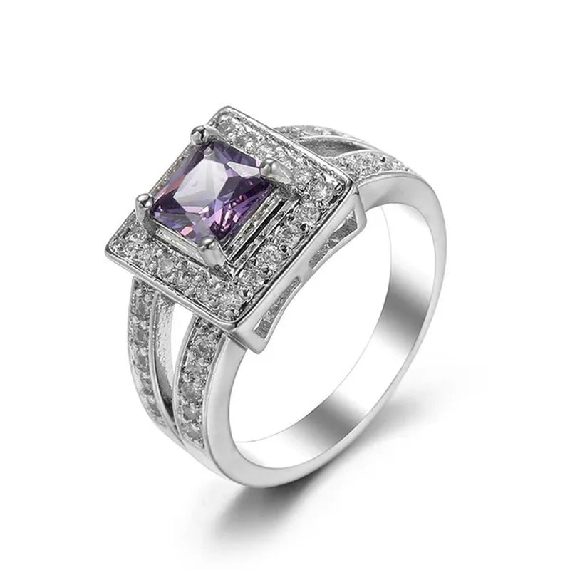 Trendy Silver Color Classic Purple Zircon Women'S Ring Bridal Wedding Anniversary Christmas Gift Beach Party Jewelry Size 6-10 Bague Femme