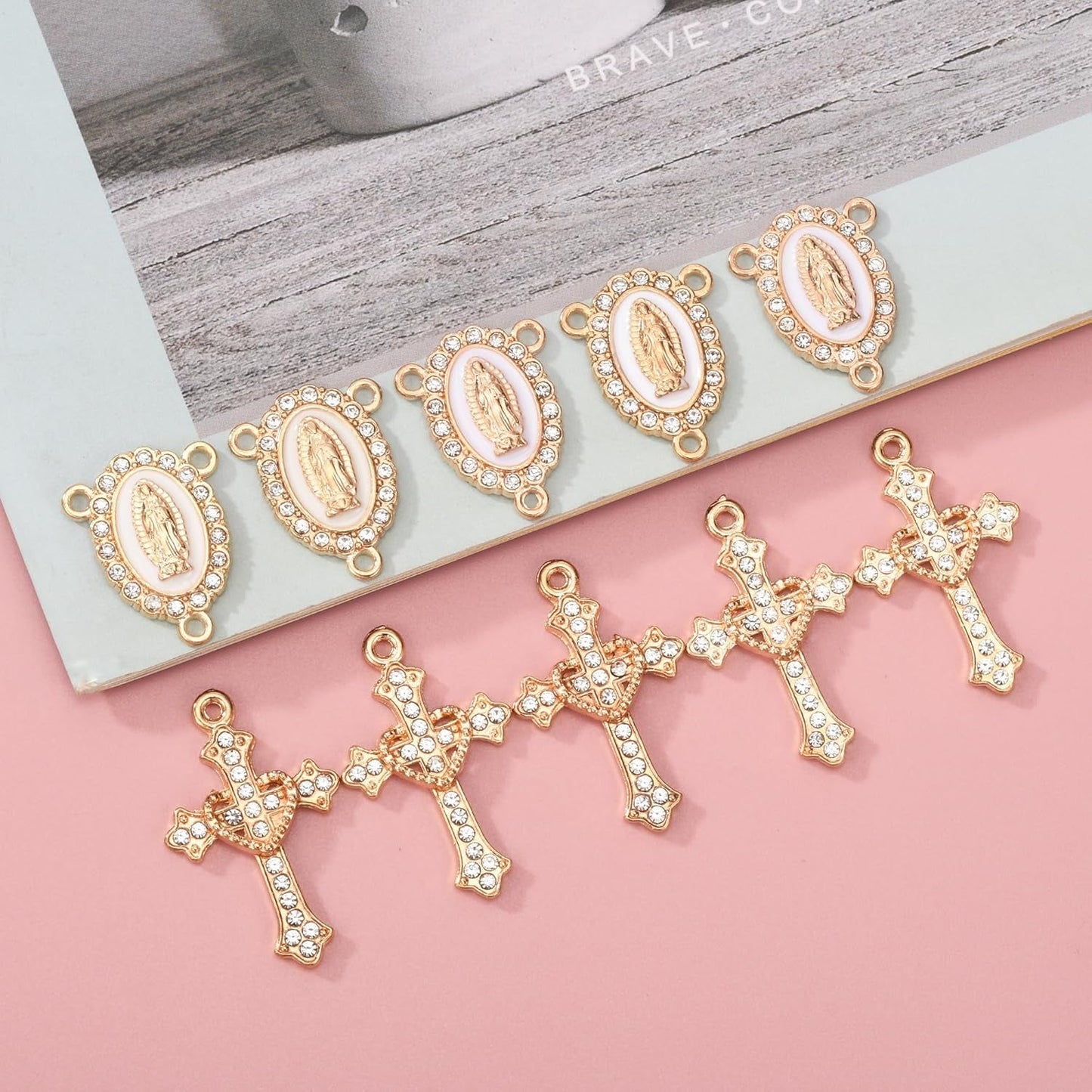 20 Piece Set Rhinestone Cross Connectors and Pendants for Jewelry Making (Gold)