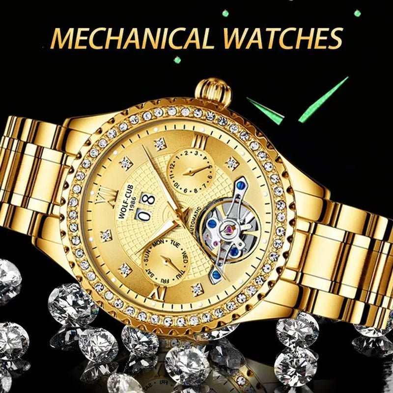 WOLF-CUB New Men Luxury Diamond Watch Full Gold Watch Tourbillon Mechanical Watch Automatic Watch Stainless Steel Waterproof Luminous Relogio Masculinos