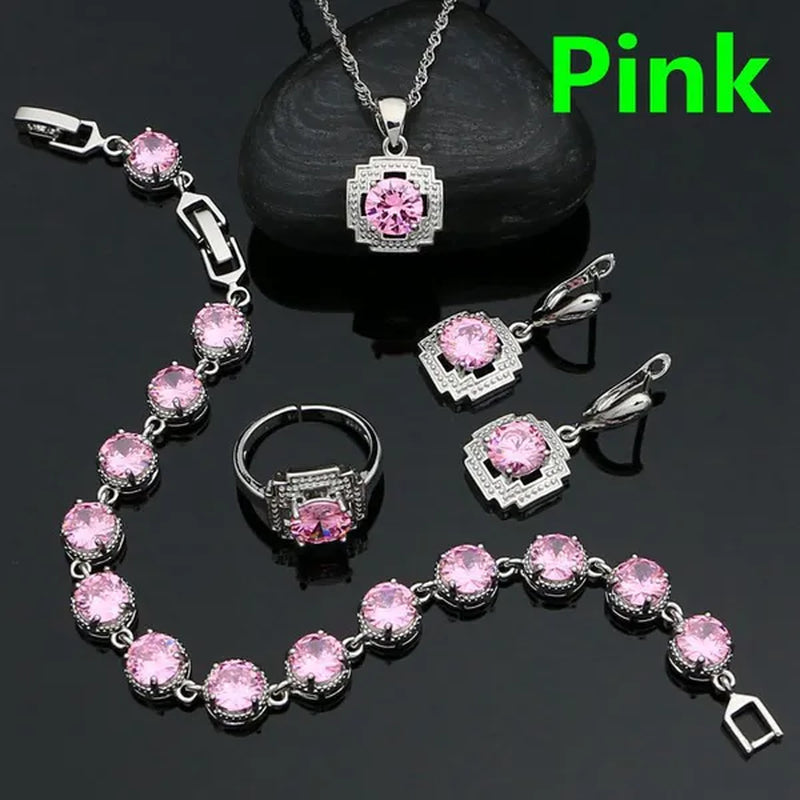 925 Sterling Silver Jewelry Set for Women Natural Green Cubic Zirconia Adjustable Ring Earrings Pendant Chain Bracelet 4PCS