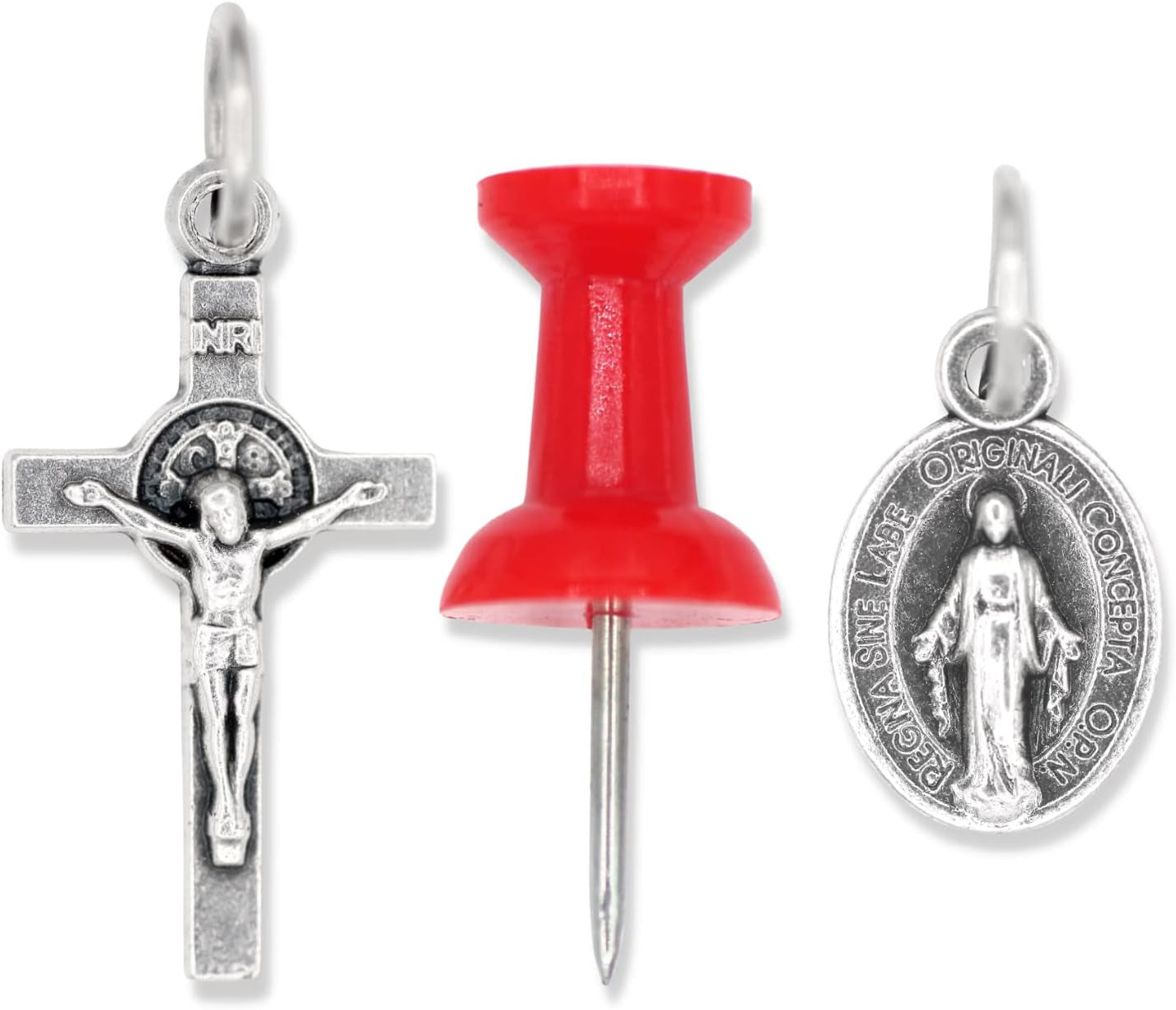 Silver Oxidized Italian Crucifix and Mary Mini Miraculous Medal Necklace on 16" Stainless Steel Chain - Jesus Mary Chain Catholic Necklace for Women, Couples Necklace, Unisex Religious Medal Necklace