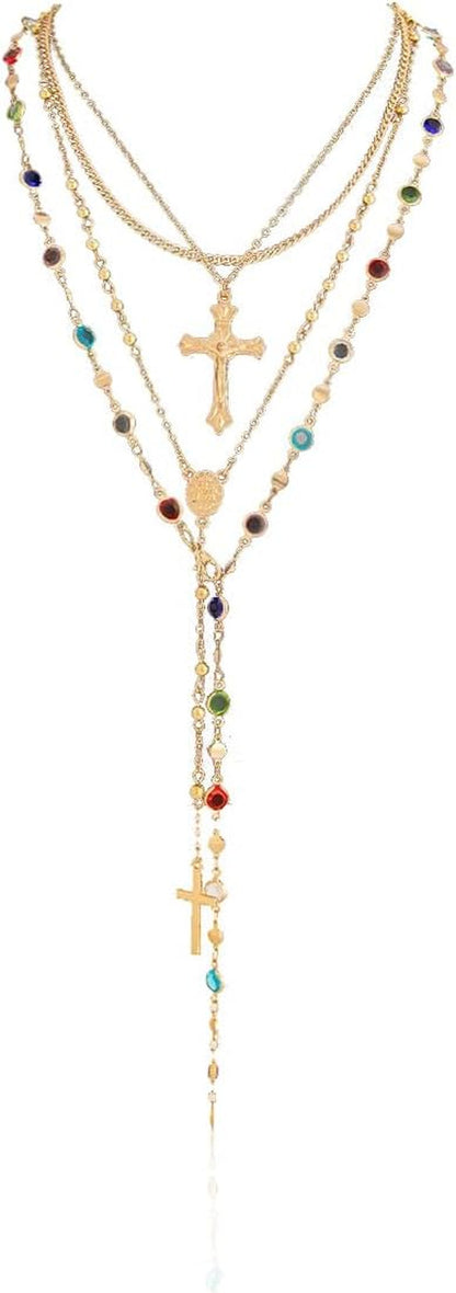 Gold Color Cross Pendant Necklace Set for Women,Dainty Big Crystal Cross Imitation Pearl Layered Chain Necklace Summer Party Jewelry