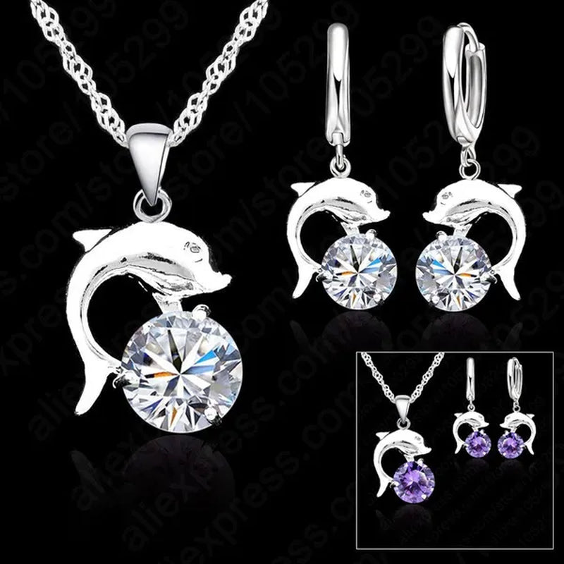 Hot Sale Cute Lovely Dolphin Lever Back Earring Necklace Sets, 925 Sterling Silver White Gold Plated With Crystal Woman Wedding Jewelry