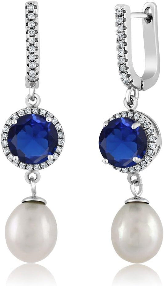925 Sterling Silver round 8MM Gemstone Birthstone and 11X8MM Cultured Freshwater Pearl Drop Dangle Earrings for Women