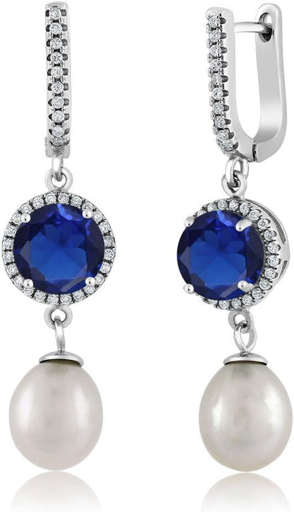 Cultured Freshwater Pearl and Gemstone Birthstone Drop Dangle Earrings for Women | 925 Sterling Silver | 11X8MM Pearl and 8MM Gemstone Birthstone
