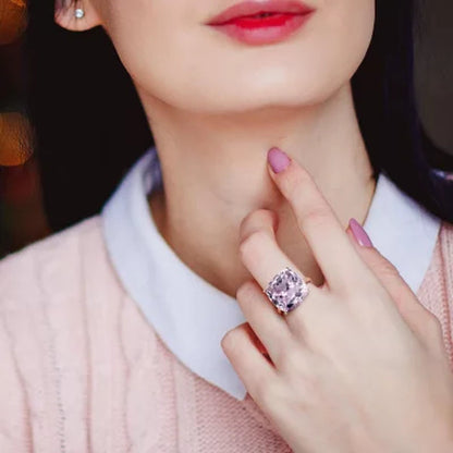 Pink Amethyst Checkerboard Cocktail Ring in 14K Rose Gold