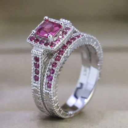 Sz6-9 10KT White Filled Princess cut 5mm Red CZ Ruby Womens Wedding Ring Bridal Sets