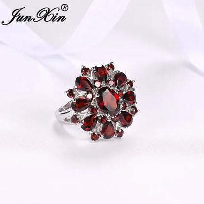 Junxin Fashion Full Of Garnet Red Ruby Wedding Ring Silvery Engagemnet Jewelry Size 6 7 8 9 10