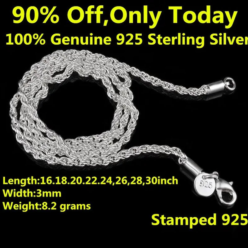 100% Genuine 925 Sterling Silver Rope Twist Necklace For Women and Men,Width 3mm Length:16.18.20.22.24,26,28,30inch, Retail Price:$299