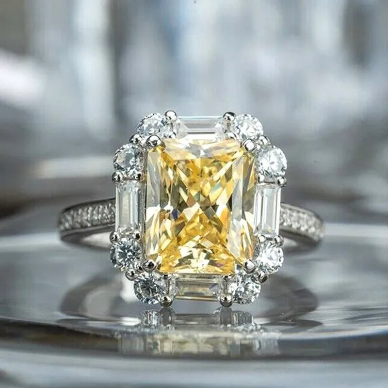 S925 Silver-plated Citrine Rhinestone Crown Ring Female Women Palace Bling Crystal Wedding Ring Jewelry
