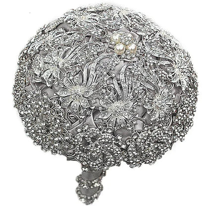18CM Luxurious Shiny Full Diamonds Brooch Bouquet Silver Rhinestone Bridal Bouquet Ribbon Satin Rose Wedding Bride Holding Flowers