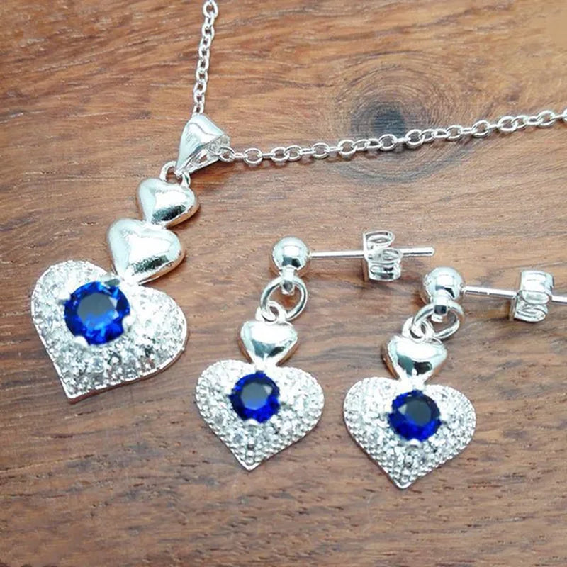 925 Sterling Silver Heart Blue Zircon Crystal Pendant Necklace Earrings for Women Party Wedding Jewelry Set