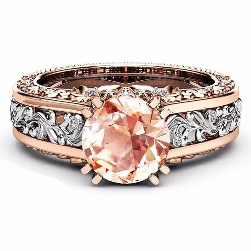 10Mm round Cut Rose & White Gold Plated 925 Sterling Silver Champagne & White Topaz Bridal Engagement Two Tone Gold Ring Size 5-11