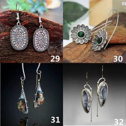 1 Pair Antique 925 Sterling Silver Pendant Earrings Natural Gemstone Inlay Dangle Earrings Bridal Engagement Wedding Anniversary Gift Bohemian Style Earrings