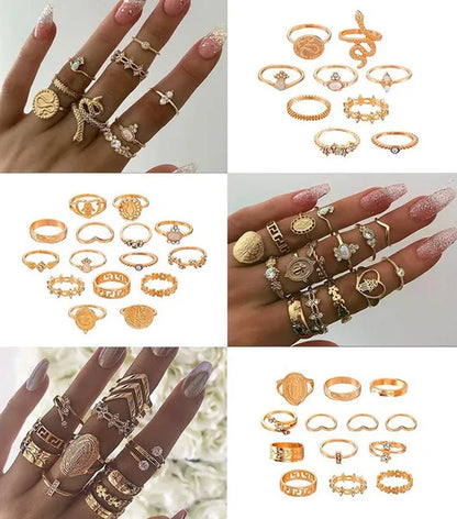 New 60Pcs Womens Rings Silver Gold Plated Rhinestone Vintage Jewelry Bohemian Style Finger Joint Ring Party Favor Gifts