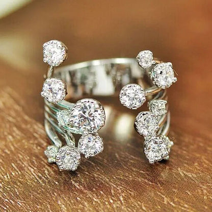 Gorgeous Silver Crown Natural Gemstones White Sapphire Birthstone Bride Wedding Engagement Multilayer Rose Flower Ring Size 6 7 8 9 10