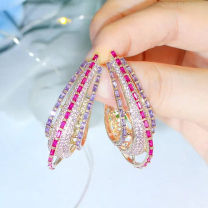 CANDICE Dubai Luxury Trendy Ear Jewelry Full Micro Pave Rose Red Purple CZ Crystal Hollow-out Design Arc Hoop Earrings for Dinner Party