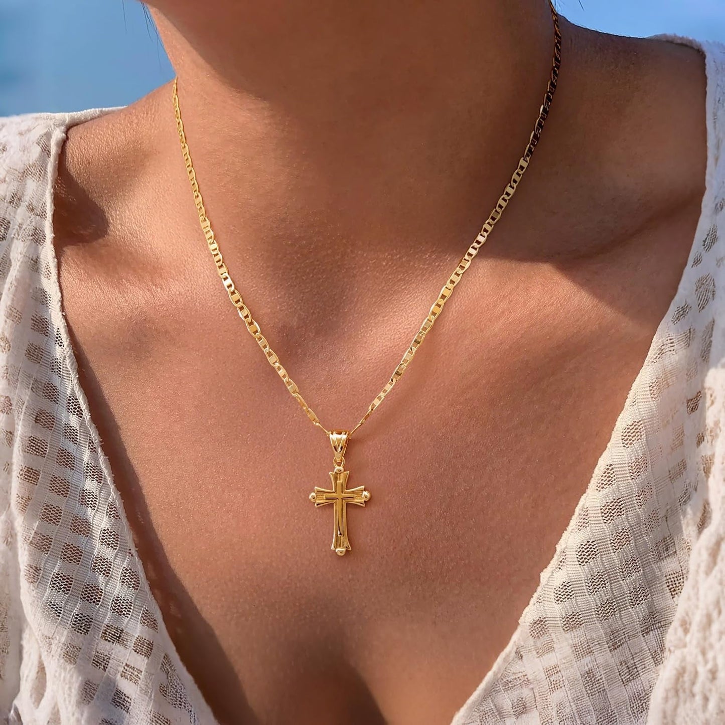 Cross Necklace for Women 14K Gold Cross Necklaces for Women Double Cross Pendant Gold Cross Chain Non-Tarnish Cross Jewelry Womens Gifts 48Cm Mariner Chain