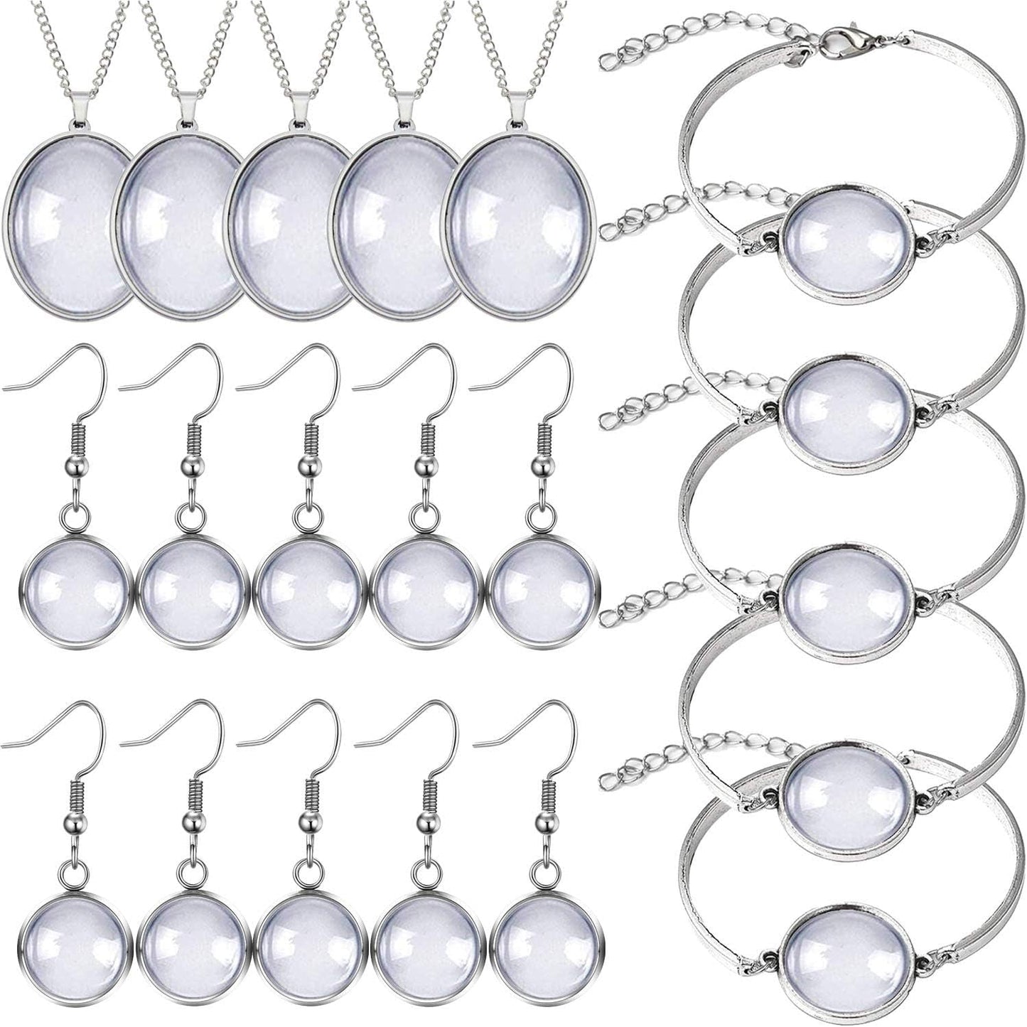40Pcs Pendant Trays Set, Including 5Pcs Pendant Trays Necklace, 5Pcs Bracelet Bezel Settings, 10Pcs Glass Cabochons Earrings, 20Pcs Glass Dome Cabochon for DIY Jewelry Making