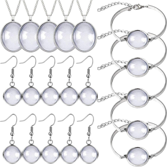 40Pcs Pendant Trays Set, Including 5Pcs Pendant Trays Necklace, 5Pcs Bracelet Bezel Settings, 10Pcs Glass Cabochons Earrings, 20Pcs Glass Dome Cabochon for DIY Jewelry Making