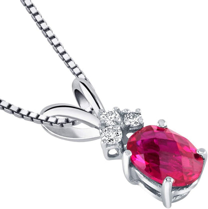 Solid 14K White Gold Created Ruby with Genuine Diamonds Pendant for Women, Dainty Solitaire, Oval Shape, 7X5Mm, 1 Carat Total
