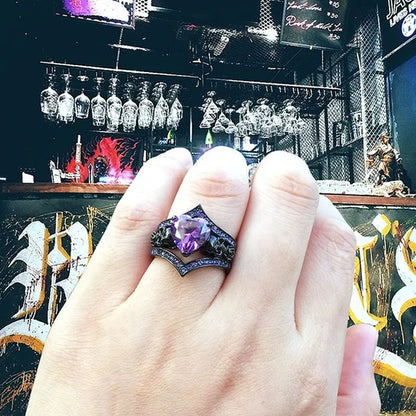 Gothic Black Rose Flower Skull Engagement Rings Set Red Purple Heart-shaped Zircon Crystal Wedding Anniversary Holiday Gift Jewelry