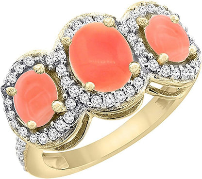 10K Yellow Gold Natural Coral 3-Stone Ring Oval Diamond Accent, Sizes 5-10