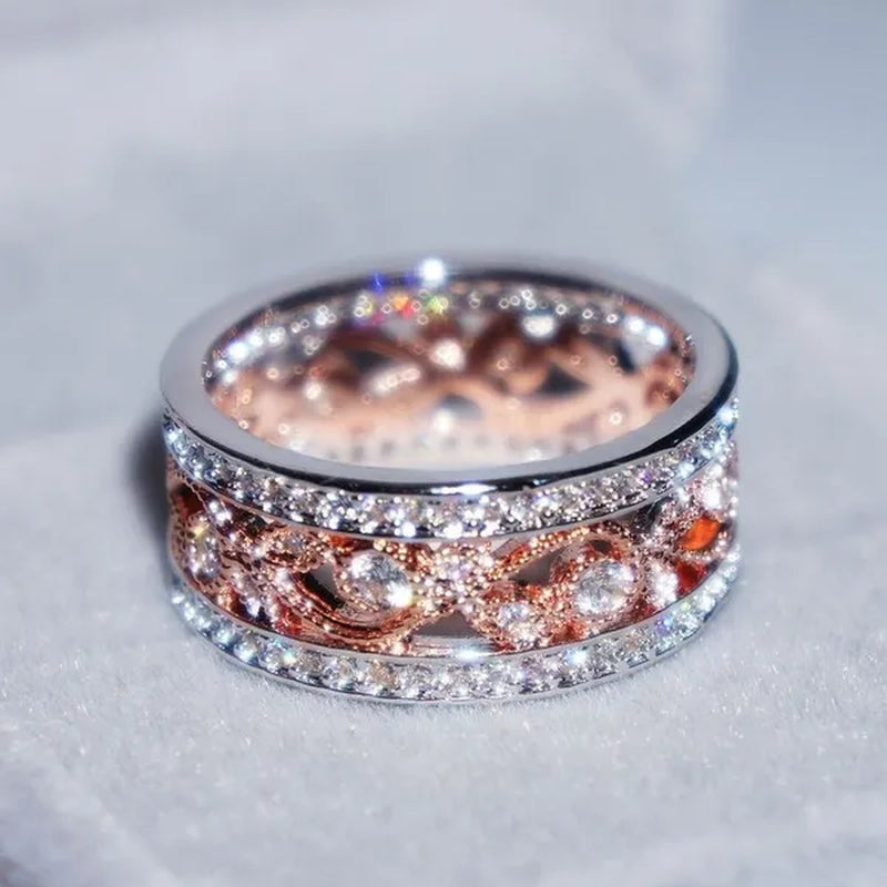 Rose Gold Plated Shiny CZ Flowers Wedding Band White Gold Plated Cubic Zirconia Promise Rings Eternity Jewelry for Women Party Black Friday Deals Fashion Gifts Size 6-9 Christmas & Valentine's Day Jewelry Gifts Vendredi Noir Bijoux