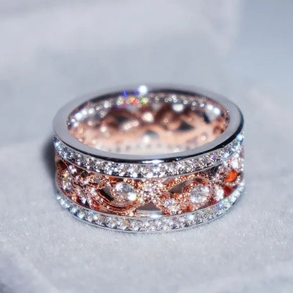 Rose Gold Plated Shiny CZ Flowers Wedding Band White Gold Plated Cubic Zirconia Promise Rings Eternity Jewelry for Women Party Black Friday Deals Fashion Gifts Size 6-9 Christmas & Valentine's Day Jewelry Gifts Vendredi Noir Bijoux