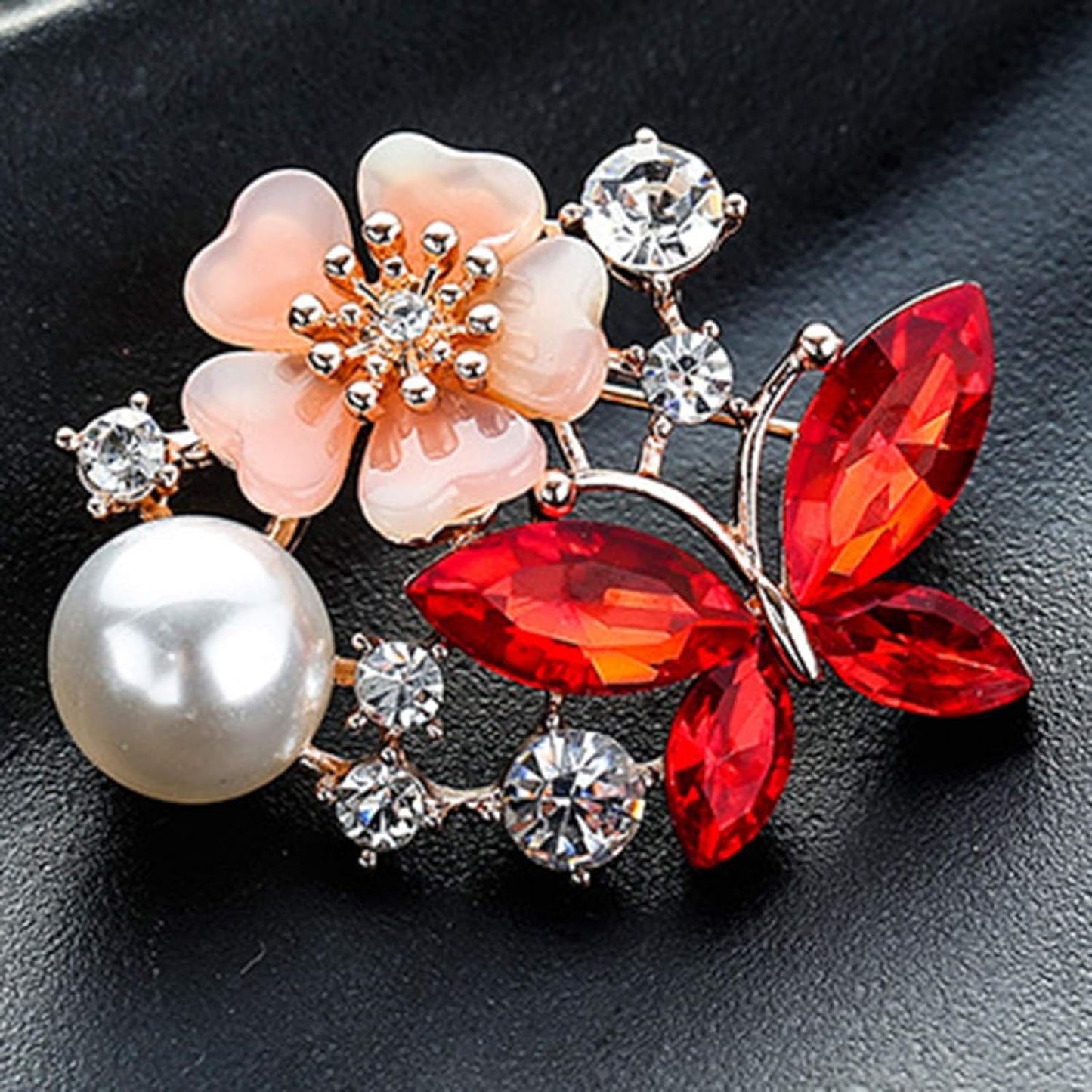 Women Faux Quartz Butterfly Flower Imitation Pearl Brooch Pin Lapel Clip Decoration Festival Birthday Gift- Rose Gold Festival Birthday Gift- Red