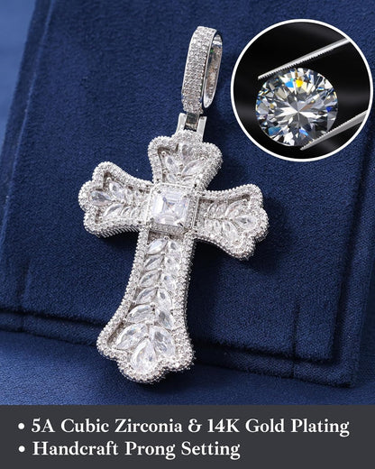 Gothic Colorful Iced Out Cross Pendant with 20" Stainless Steel Rope Chain, Heavyweight Oversized Design, 14K Gold Plated, 5A CZ Stones, Hip-Hop Religious Jewelry for Men & Women