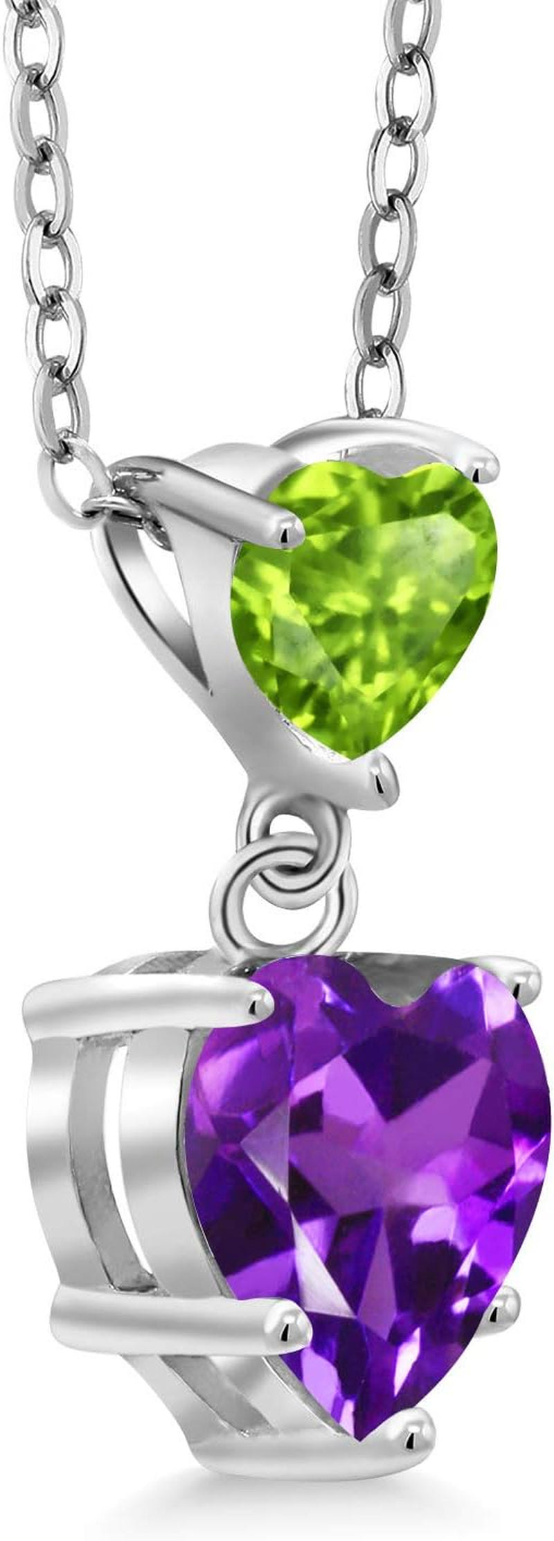 925 Sterling Silver Purple Amethyst and Green Peridot Double Heart Pendant Necklace for Women (2.10 Cttw, Heart 8MM and 5MM, with 18 Inch Silver Chain)