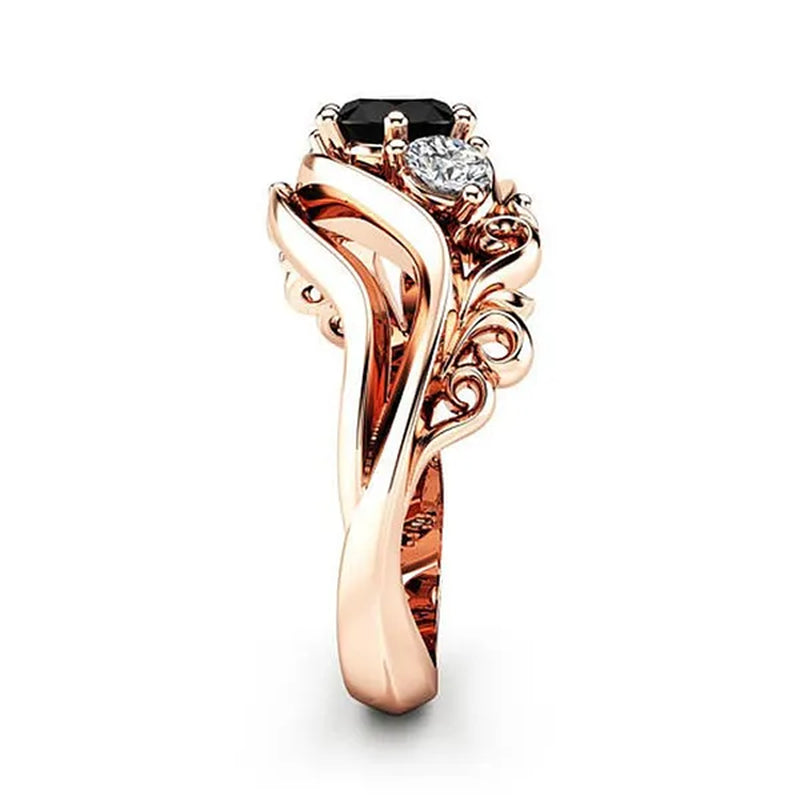 Temperament Obsidian Rose Gold -Plated Ring Fashion Flower Line Black Diamond Claw Set Twisted Belt Design Rose Gold Female Engagement Wedding Ring Birthday Anniversary Gift (Size: 5-11)