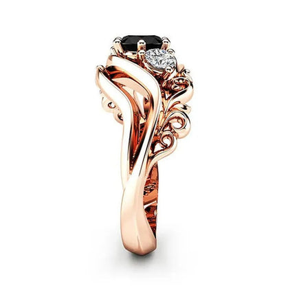 Temperament Obsidian Rose Gold -Plated Ring Fashion Flower Line Black Diamond Claw Set Twisted Belt Design Rose Gold Female Engagement Wedding Ring Birthday Anniversary Gift (Size: 5-11)